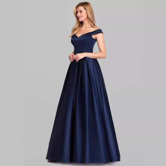 V-neck Solid Color Long Vintage Gown Dress