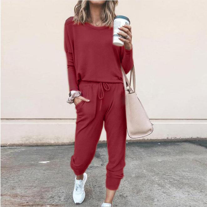 Women's Long Sleeve Suit Fashion Pullover Top And Pockets Drawstring Long Pants