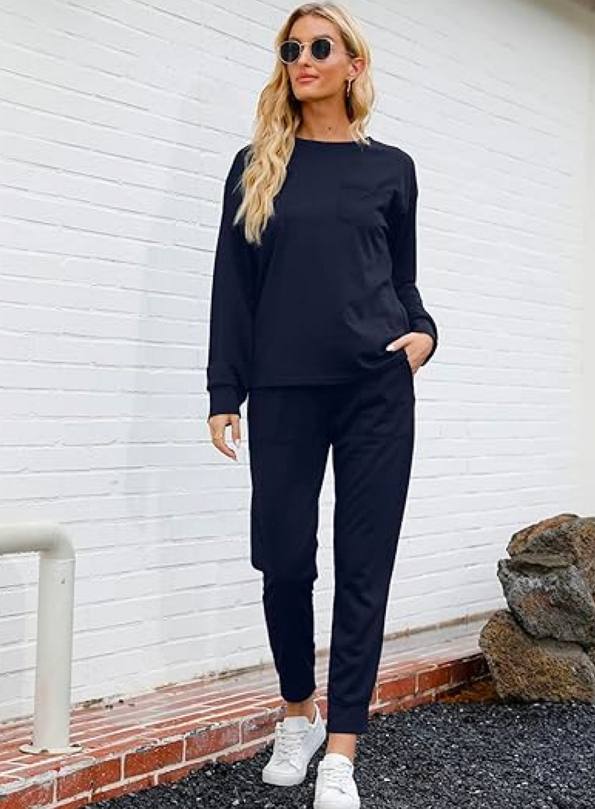 Women's Long Sleeve Suit Fashion Pullover Top And Pockets Drawstring Long Pants