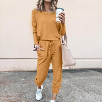Women's Long Sleeve Suit Fashion Pullover Top And Pockets Drawstring Long Pants