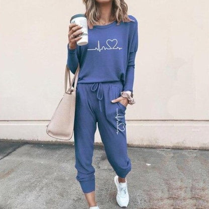 Women's Long Sleeve Suit Fashion Pullover Top And Pockets Drawstring Long Pants