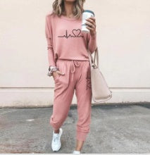 Women's Long Sleeve Suit Fashion Pullover Top And Pockets Drawstring Long Pants