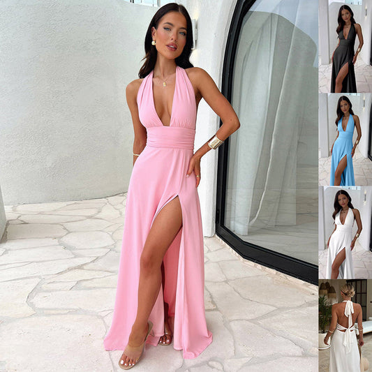 Sexy Halterneck V-neck Slit Dress Summer Backless Lady Dress