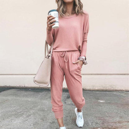 Women's Long Sleeve Suit Fashion Pullover Top And Pockets Drawstring Long Pants