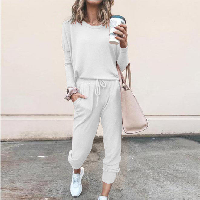Women's Long Sleeve Suit Fashion Pullover Top And Pockets Drawstring Long Pants