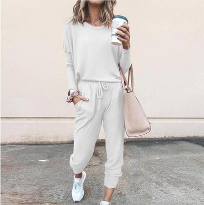 Women's Long Sleeve Suit Fashion Pullover Top And Pockets Drawstring Long Pants