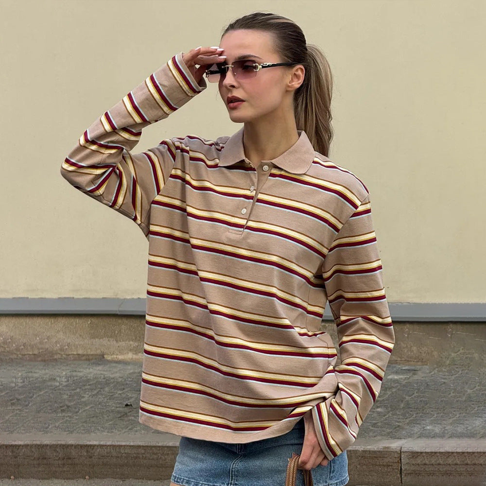 Loose Trendy Retro Long-sleeved Striped T-shirt