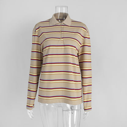 Loose Trendy Retro Long-sleeved Striped T-shirt
