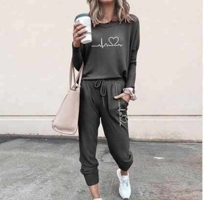 Women's Long Sleeve Suit Fashion Pullover Top And Pockets Drawstring Long Pants