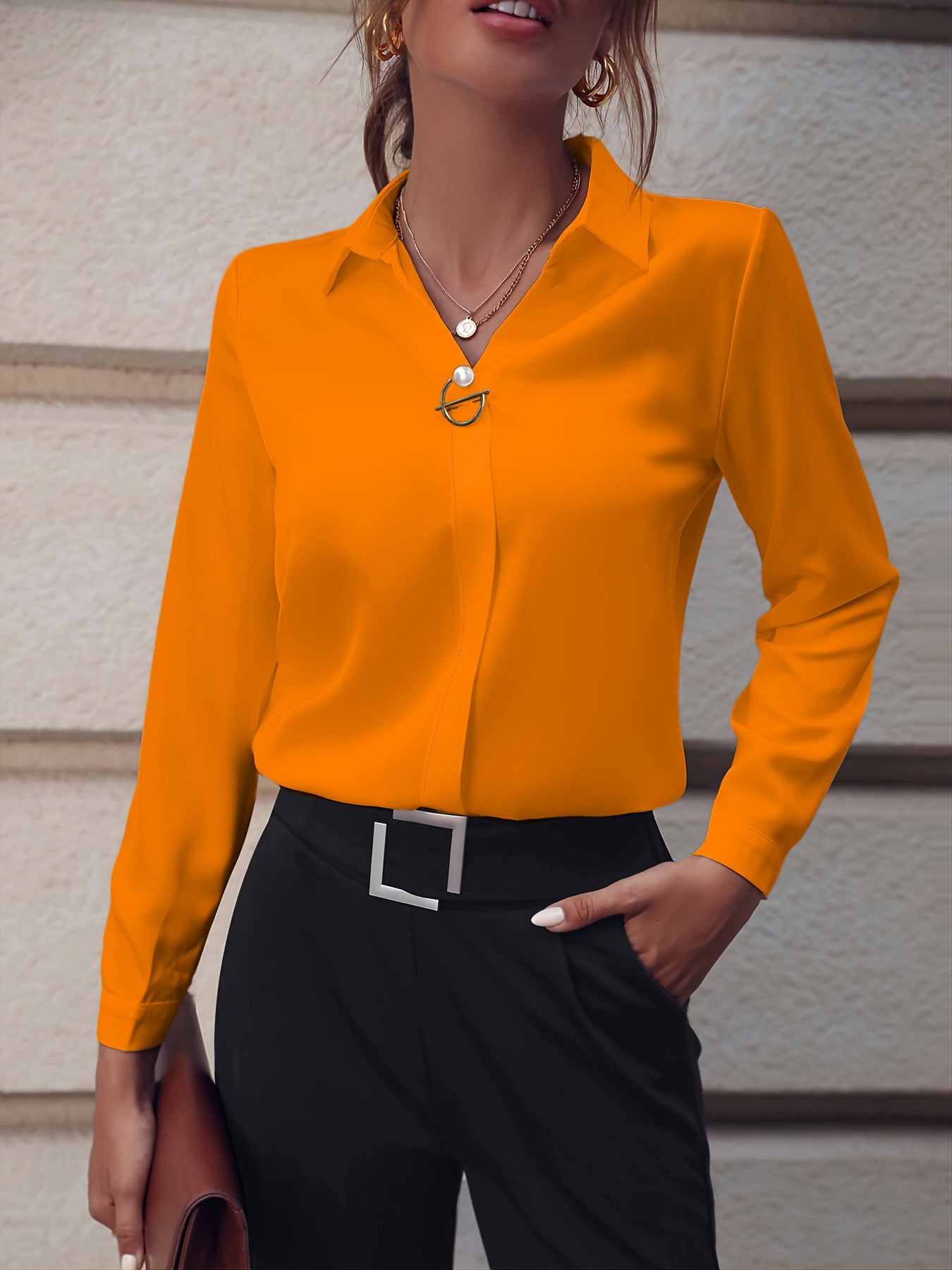 Commuter V-neck Long-sleeved Shirts Ins Fashion Solid Color Pullover Top Autumn And Spring Women's Fashion