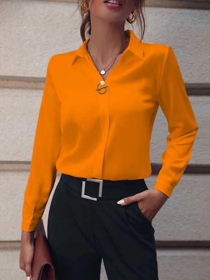 Commuter V-neck Long-sleeved Shirts Ins Fashion Solid Color Pullover Top Autumn And Spring Women's Fashion