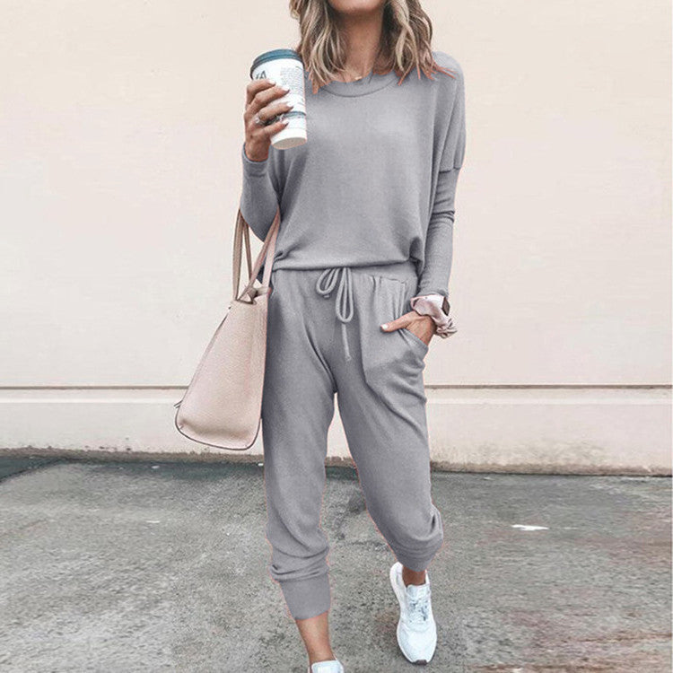 Women's Long Sleeve Suit Fashion Pullover Top And Pockets Drawstring Long Pants