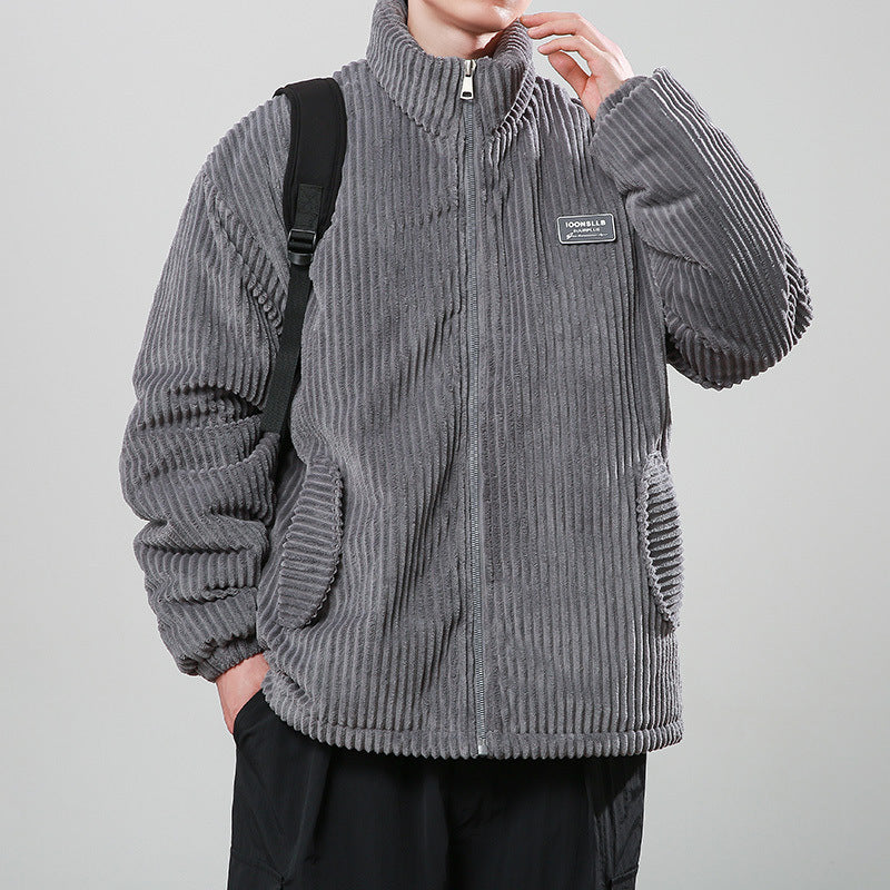 Winter Corduroy Cotton-padded Coat Warm Stand Collar Zipper Jacket Casual