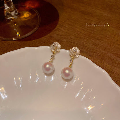 Camellia Pearl Flower Stud Earrings For Women