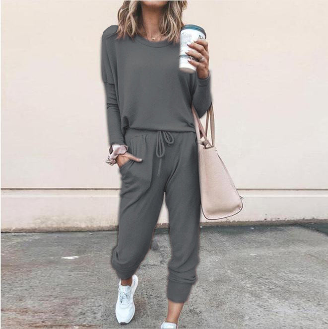 Women's Long Sleeve Suit Fashion Pullover Top And Pockets Drawstring Long Pants