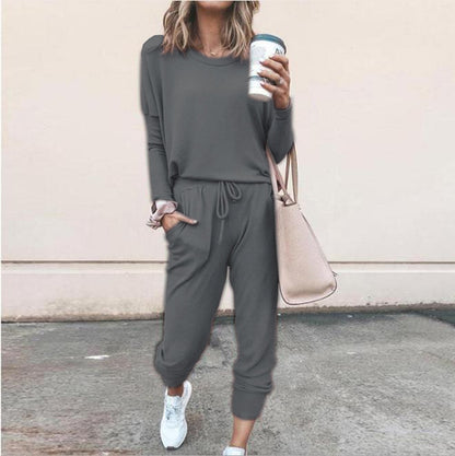 Women's Long Sleeve Suit Fashion Pullover Top And Pockets Drawstring Long Pants