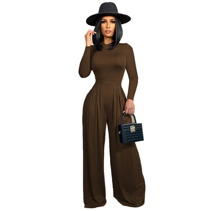 Solid Color Long-sleeved Wide-leg Romper