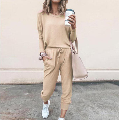 Women's Long Sleeve Suit Fashion Pullover Top And Pockets Drawstring Long Pants