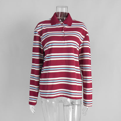 Loose Trendy Retro Long-sleeved Striped T-shirt