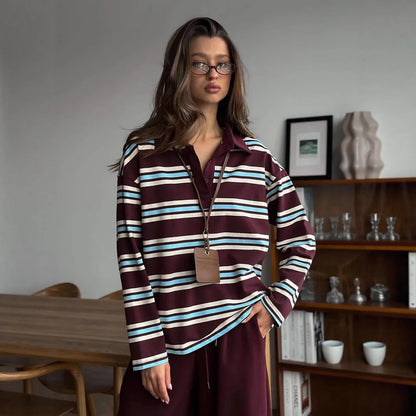 Loose Trendy Retro Long-sleeved Striped T-shirt