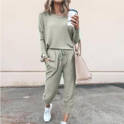 Women's Long Sleeve Suit Fashion Pullover Top And Pockets Drawstring Long Pants