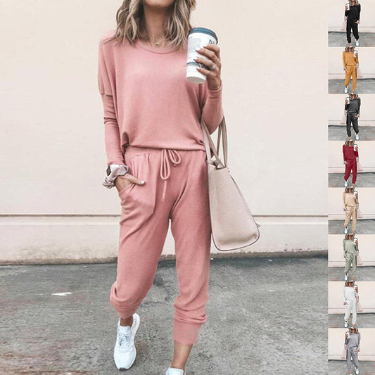 Women's Long Sleeve Suit Fashion Pullover Top And Pockets Drawstring Long Pants