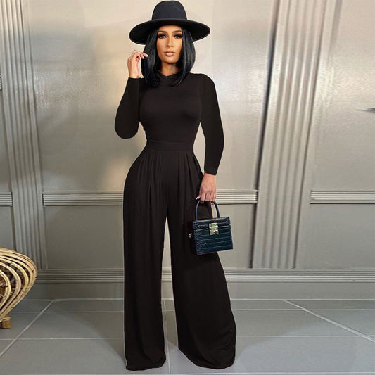 Solid Color Long-sleeved Wide-leg Romper