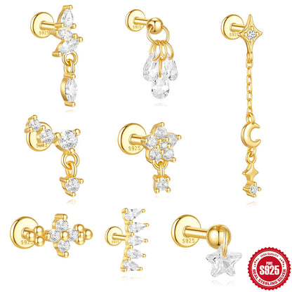 S925 Sterling Silver Moon Diamond Ear Rings