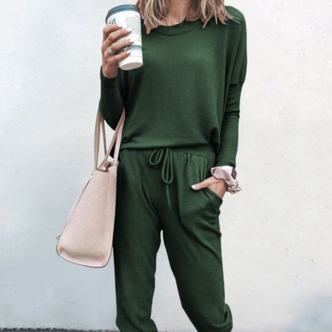 Women's Long Sleeve Suit Fashion Pullover Top And Pockets Drawstring Long Pants