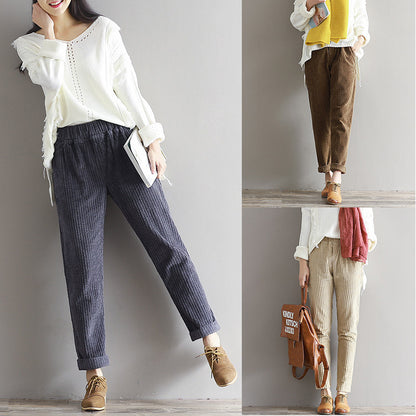 Women's Art Fan Xian Thin Corduroy Pant Bottom