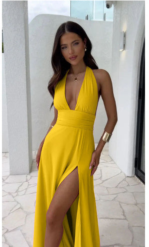 Sexy Halterneck V-neck Slit Dress Summer Backless Lady Dress