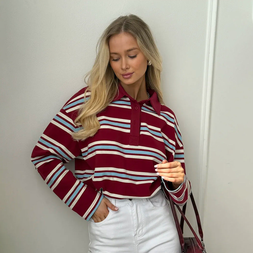 Loose Trendy Retro Long-sleeved Striped T-shirt