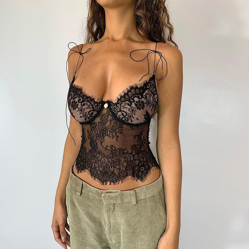 Lace See-through Chest Short Sleeve Tank Top