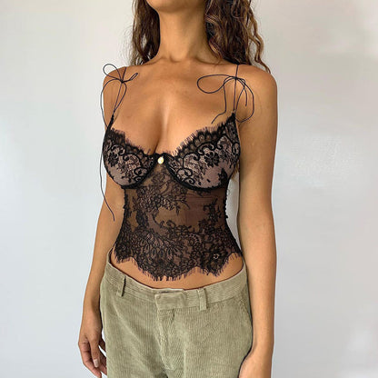 Lace See-through Chest Short Sleeve Tank Top