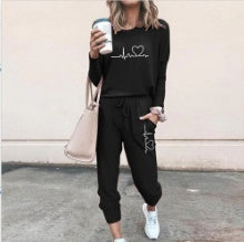 Women's Long Sleeve Suit Fashion Pullover Top And Pockets Drawstring Long Pants
