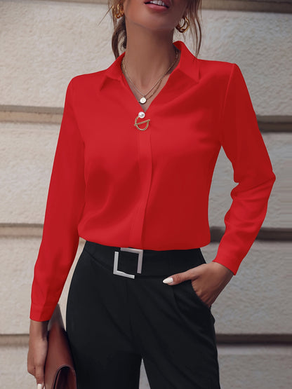 Commuter V-neck Long-sleeved Shirts Ins Fashion Solid Color Pullover Top Autumn And Spring Women's Fashion