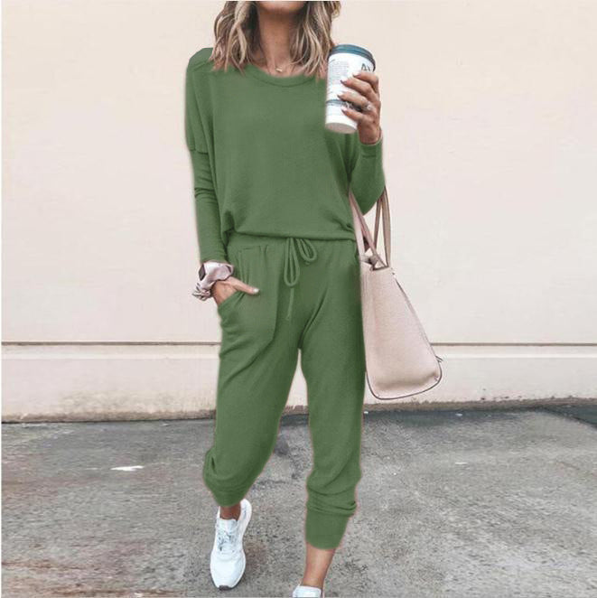 Women's Long Sleeve Suit Fashion Pullover Top And Pockets Drawstring Long Pants